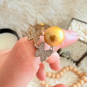 12mm Golden South Sea Pearl in 18k Gold Plated Italian Silver Butterfly Ring